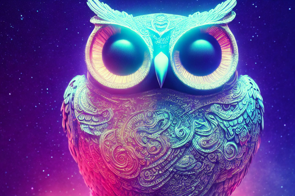 Colorful digital artwork: Patterned owl with luminous eyes on cosmic background