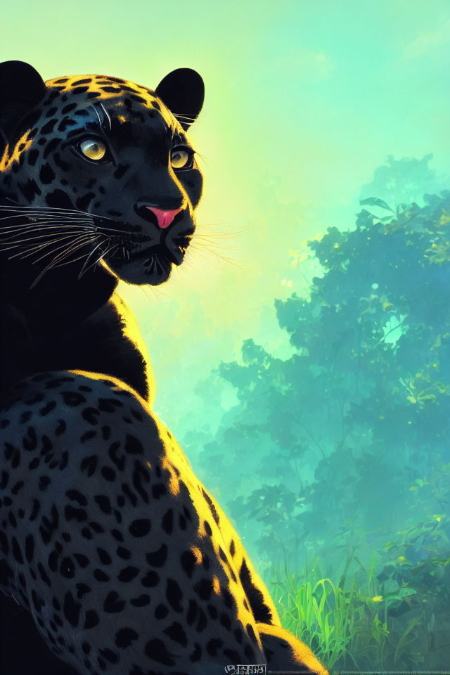 Illustration of black jaguar with blue eyes in sunlit jungle