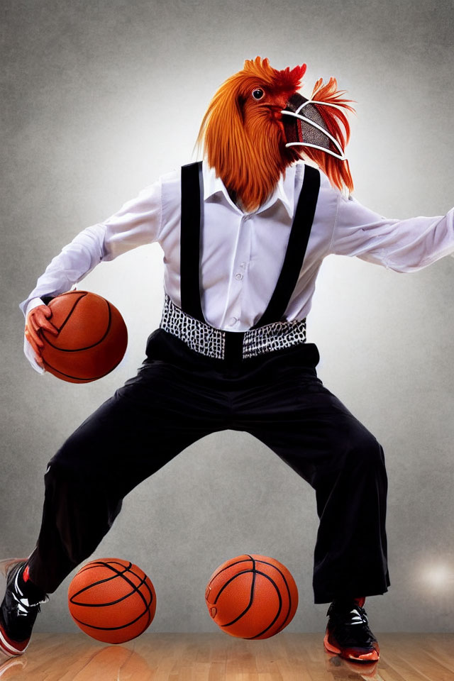 Person in Rooster Mask Plays Basketball with Two Balls