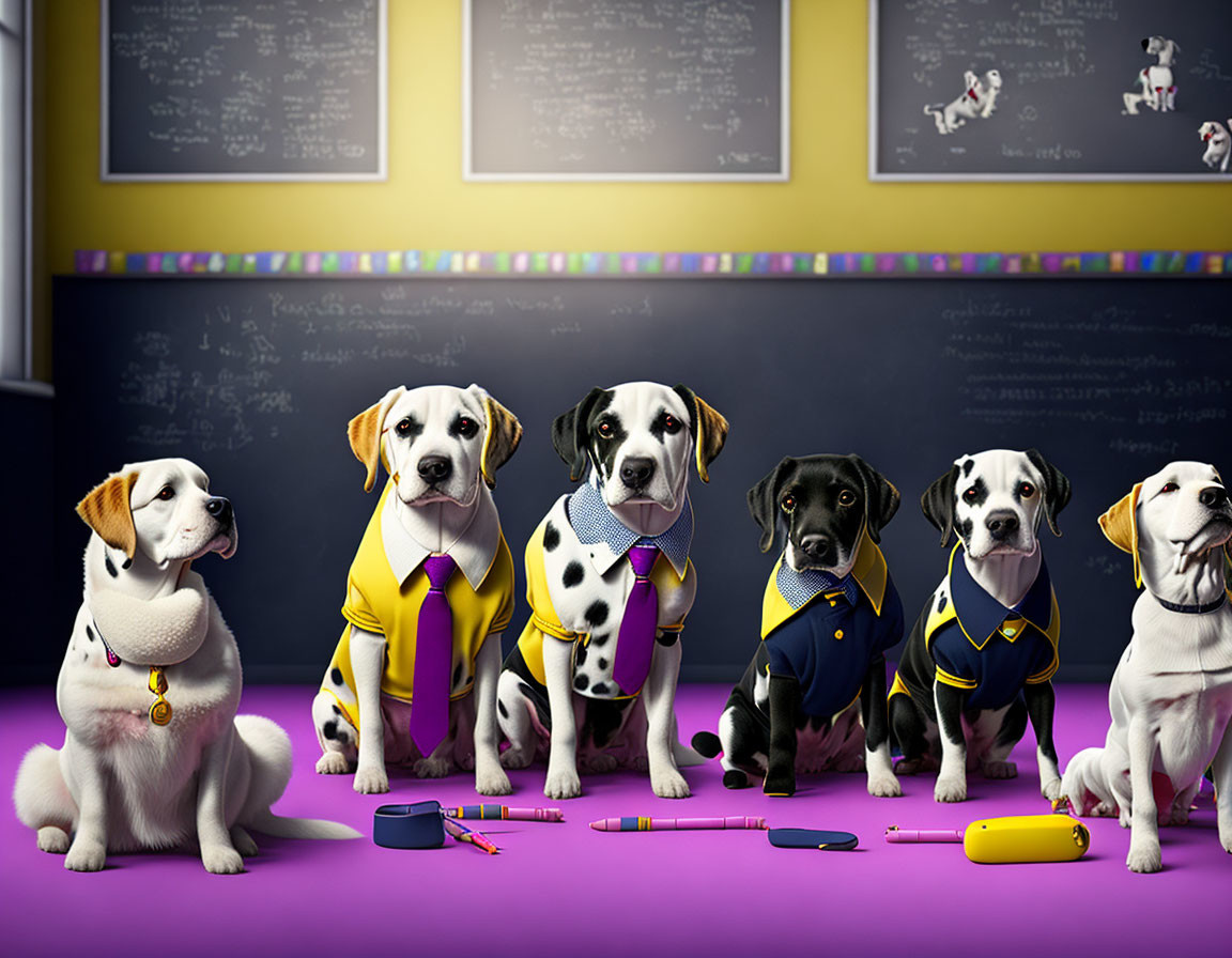 Six animated dogs in school uniforms by a chalkboard full of drawings and equations