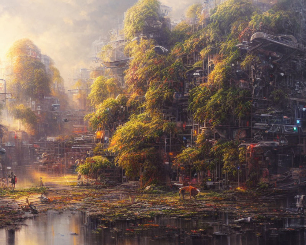 Dystopian cityscape with overgrown foliage and lone horse at sunrise