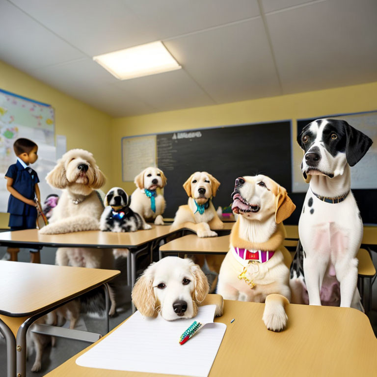 Dogs in Classroom Scene with Child at Blackboard