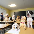 Dogs in Classroom Scene with Child at Blackboard