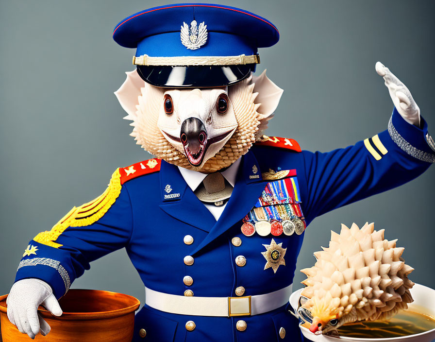 Whimsical hedgehog officer with medals saluting, accompanied by smaller hedgehog