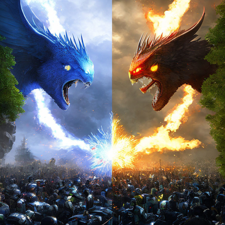 Colossal blue and red dragons battle over armies in fantastical landscape