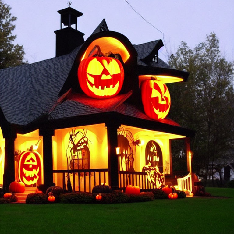 Halloween-themed house decor with jack-o'-lanterns and spooky silhouettes