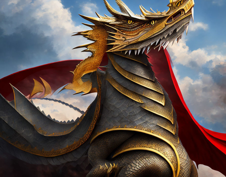 Majestic golden dragon with red wings in cloudy sky