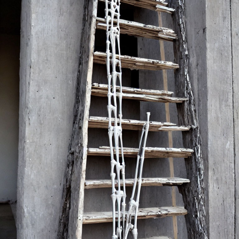 Weathered wooden ladder against a concrete wall with white paint drips.