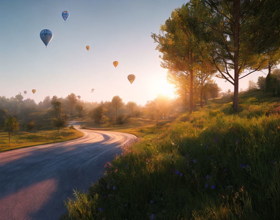 Serene landscape with winding road, sunrise, trees, wildflowers, and hot air balloons