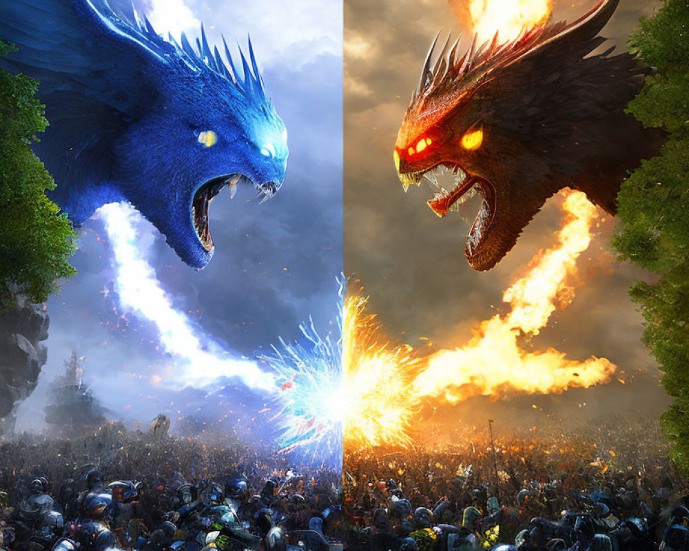 Colossal blue and red dragons battle over armies in fantastical landscape