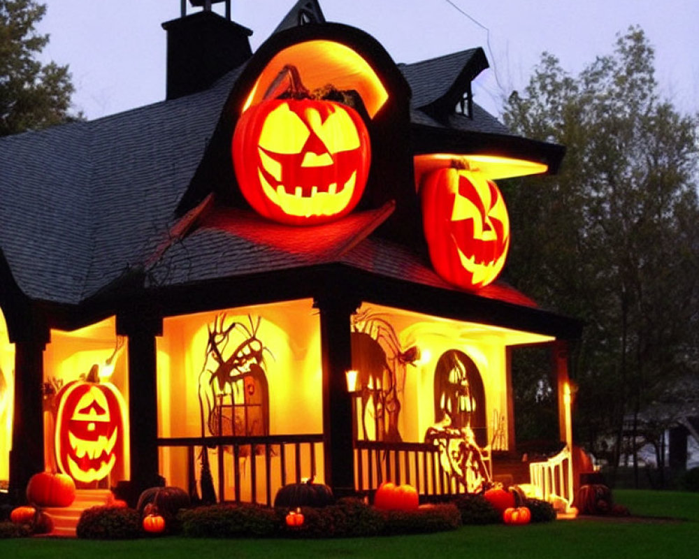 Halloween-themed house decor with jack-o'-lanterns and spooky silhouettes