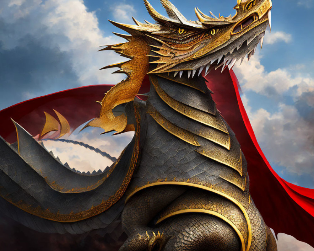 Majestic golden dragon with red wings in cloudy sky