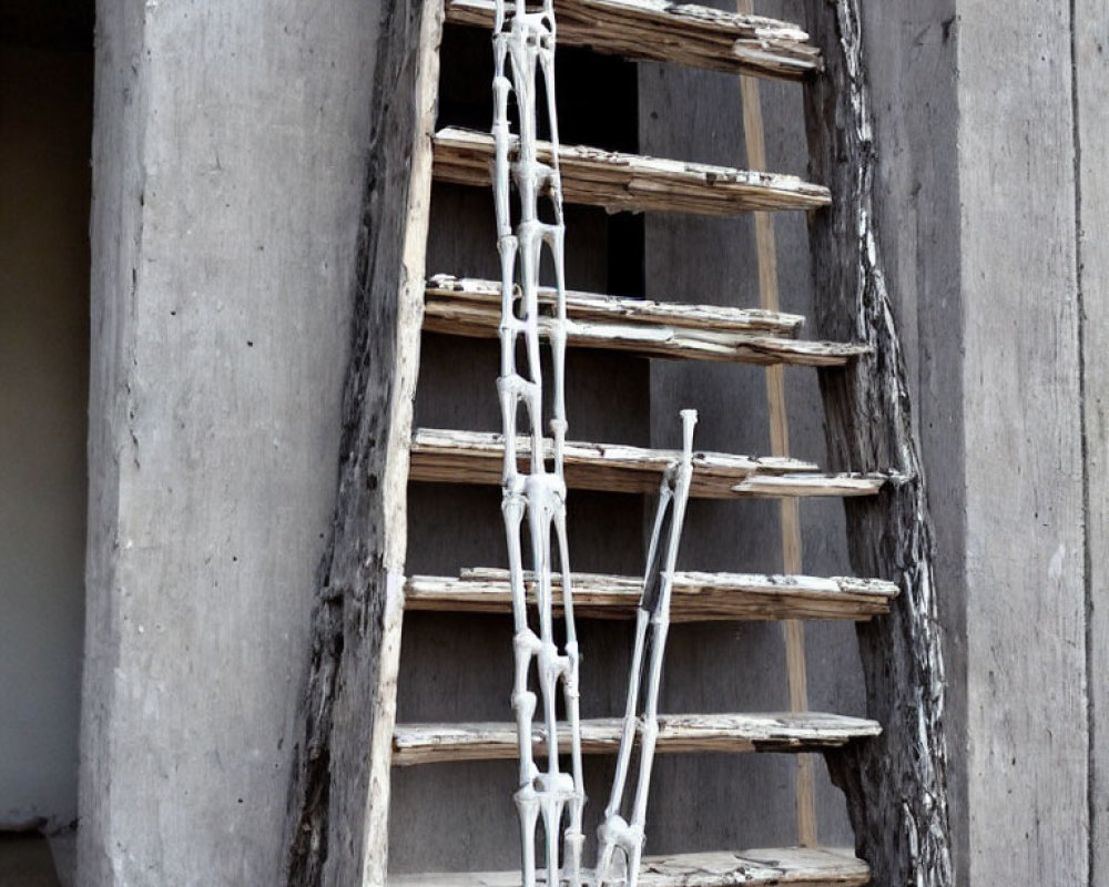 Weathered wooden ladder against a concrete wall with white paint drips.