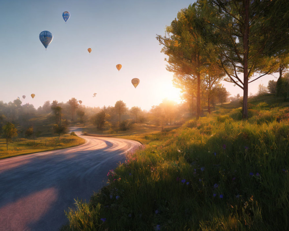 Serene landscape with winding road, sunrise, trees, wildflowers, and hot air balloons