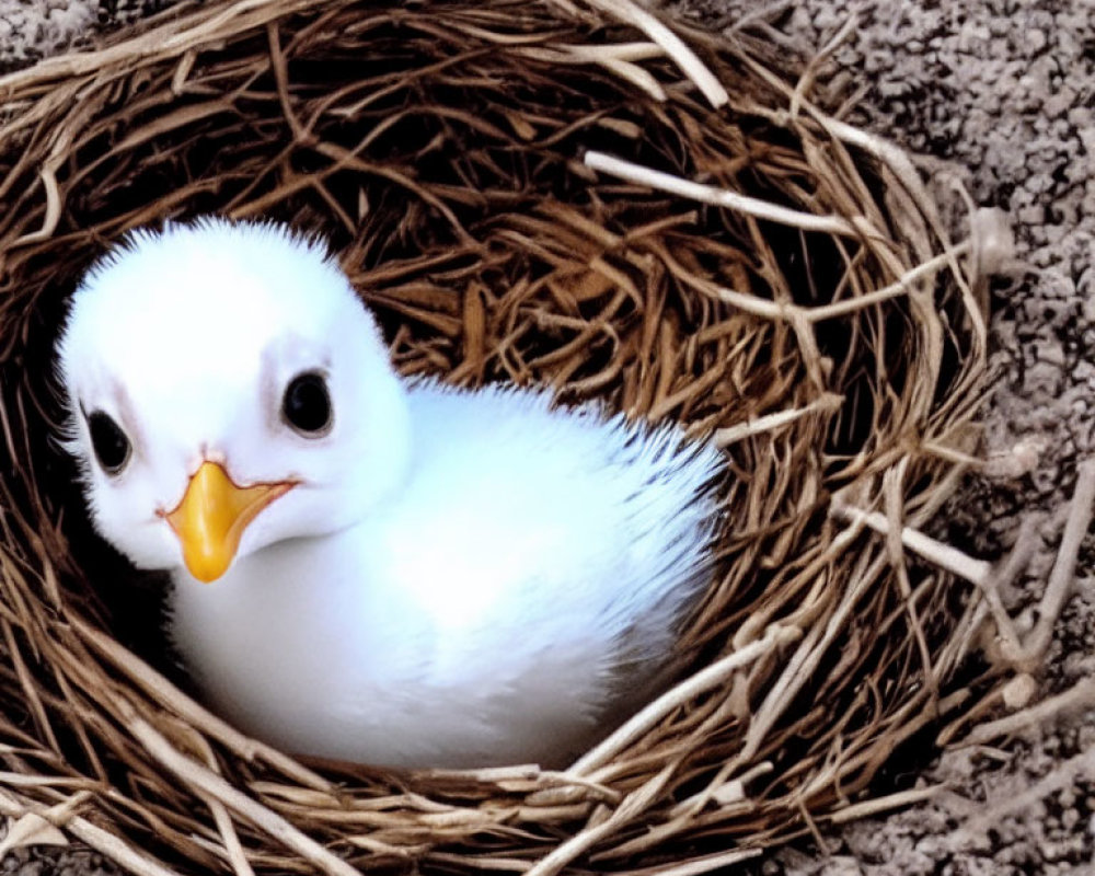 Fluffy white chick with yellow beak in twig nest on textured surface