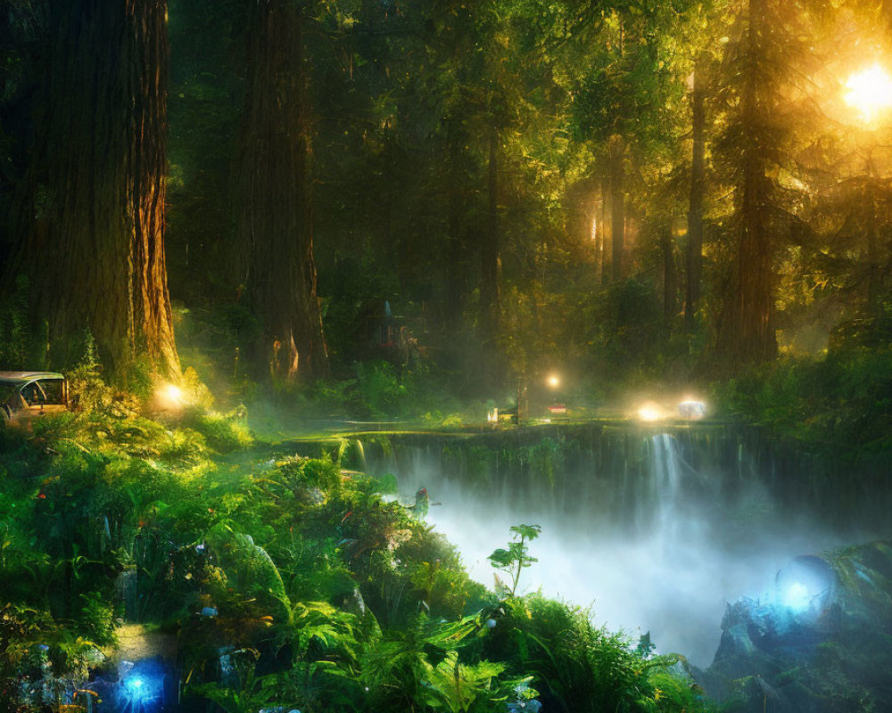 Sunlit Misty Forest with Car, Road, and Blue Lights