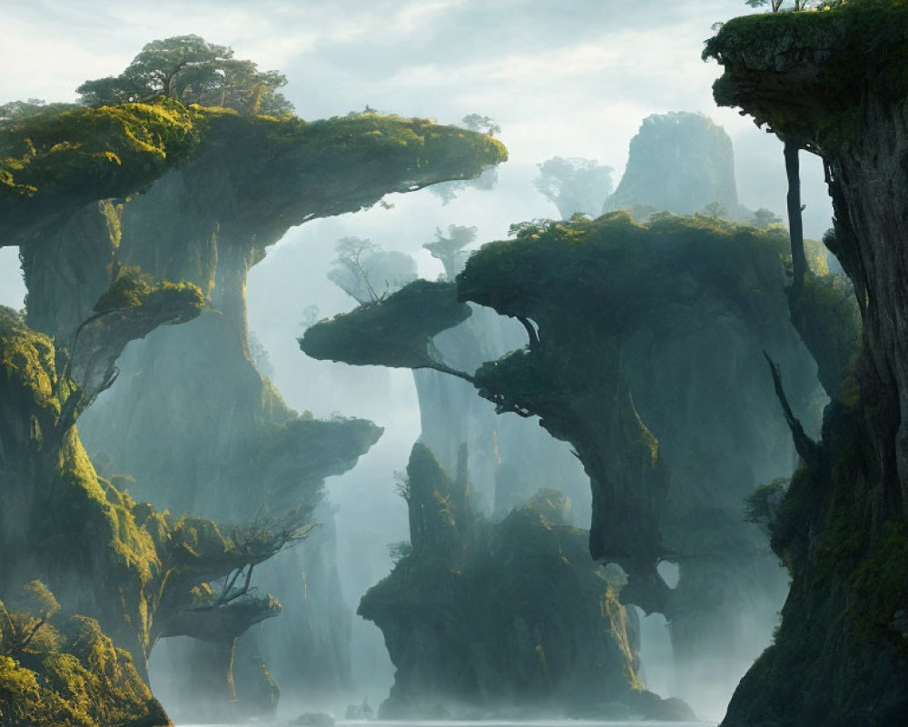 Mystical forest with towering rock formations and serene lake