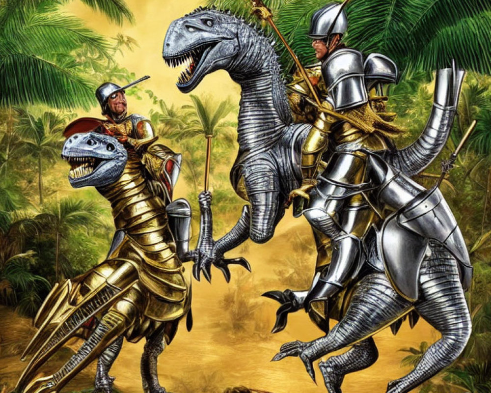 Medieval knights on metallic dinosaurs in lush jungle with lances