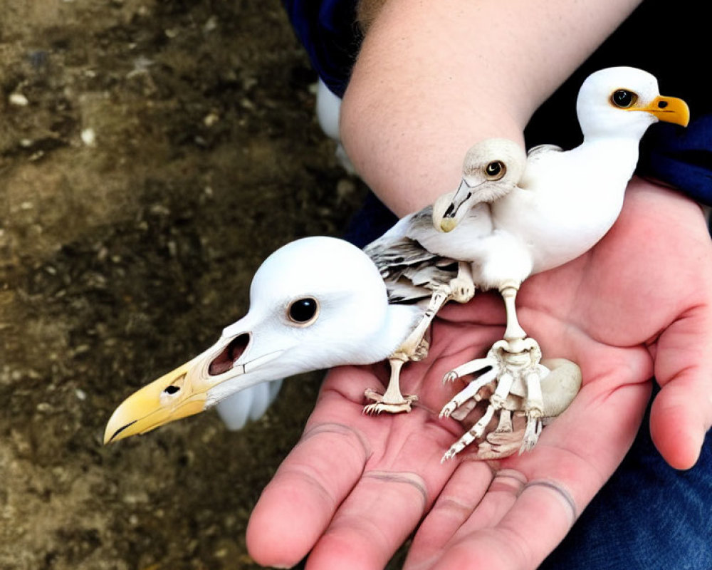 Models of Seagull Life Stages on Hand Display Egg, Chick, and Adult Evolution