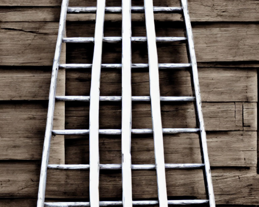 White ladder with round rungs on wooden plank background