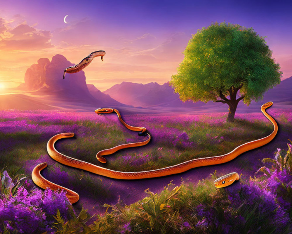 Elongated snakes in vibrant purple flower field with lone tree and mountains under sunset sky