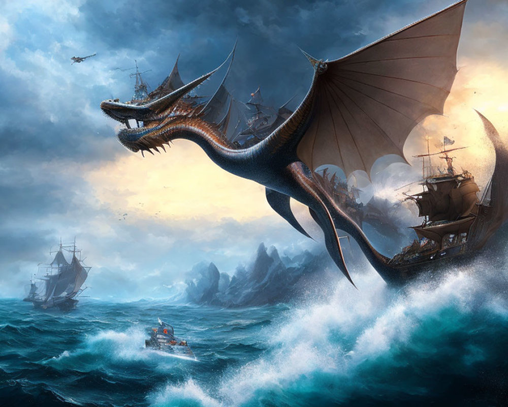 Enormous dragon flying over stormy sea with ships below