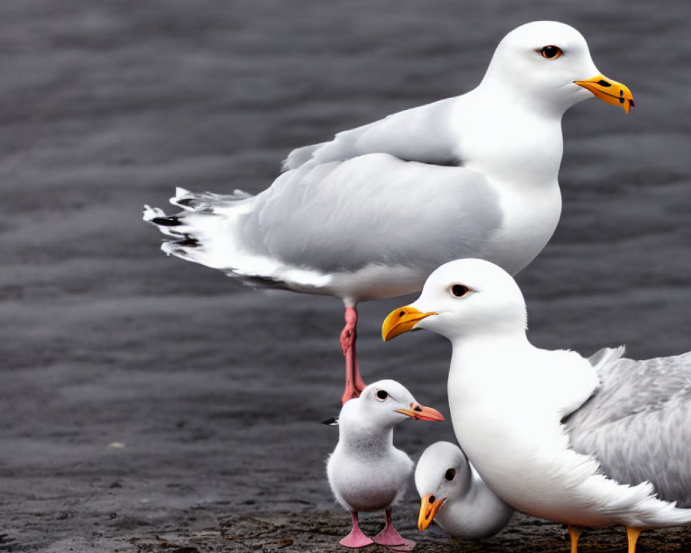 Seagulls by water: one standing, one lying, one chick, facing left