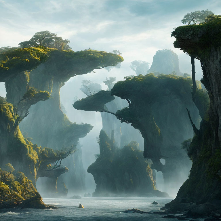 Mystical forest with towering rock formations and serene lake