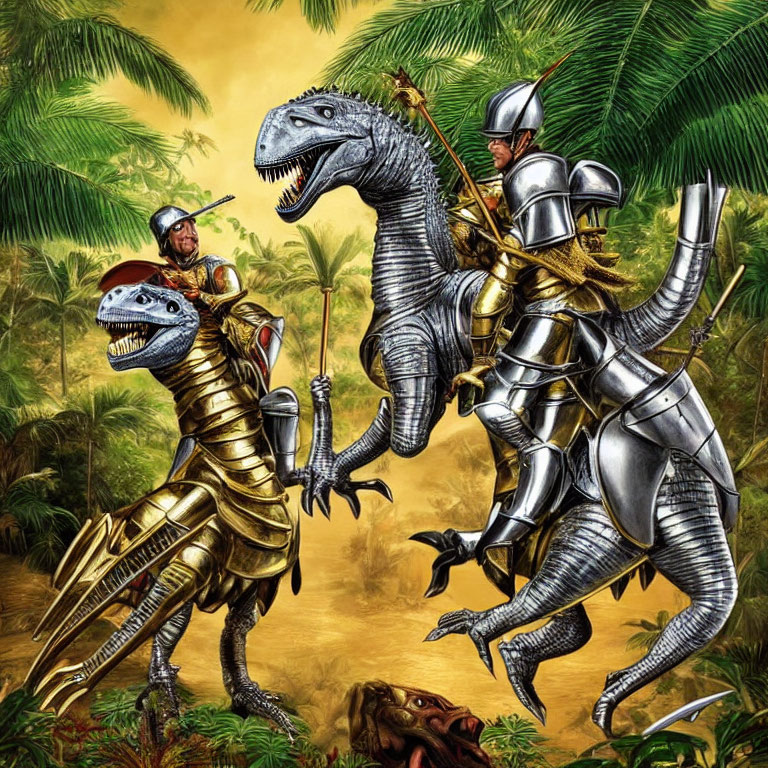 Medieval knights on metallic dinosaurs in lush jungle with lances