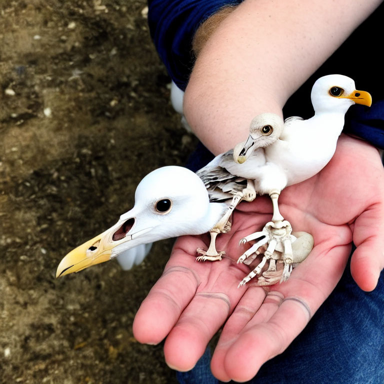 Models of Seagull Life Stages on Hand Display Egg, Chick, and Adult Evolution