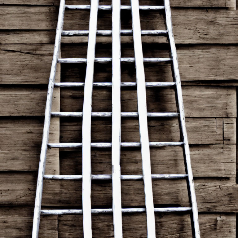 White ladder with round rungs on wooden plank background