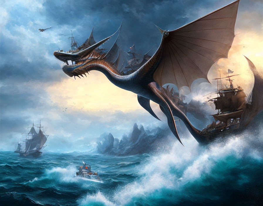 Enormous dragon flying over stormy sea with ships below