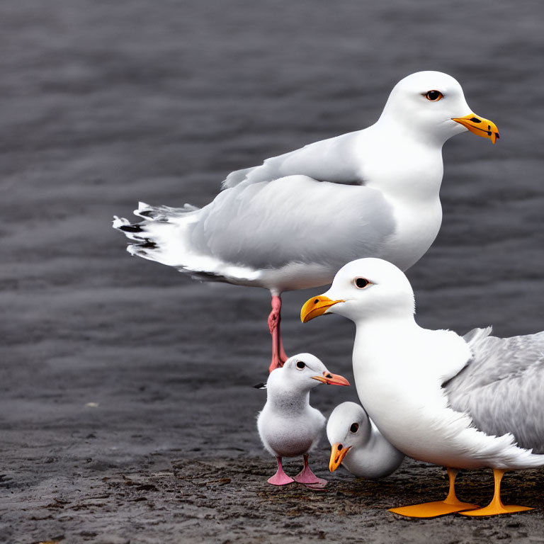 Seagulls by water: one standing, one lying, one chick, facing left