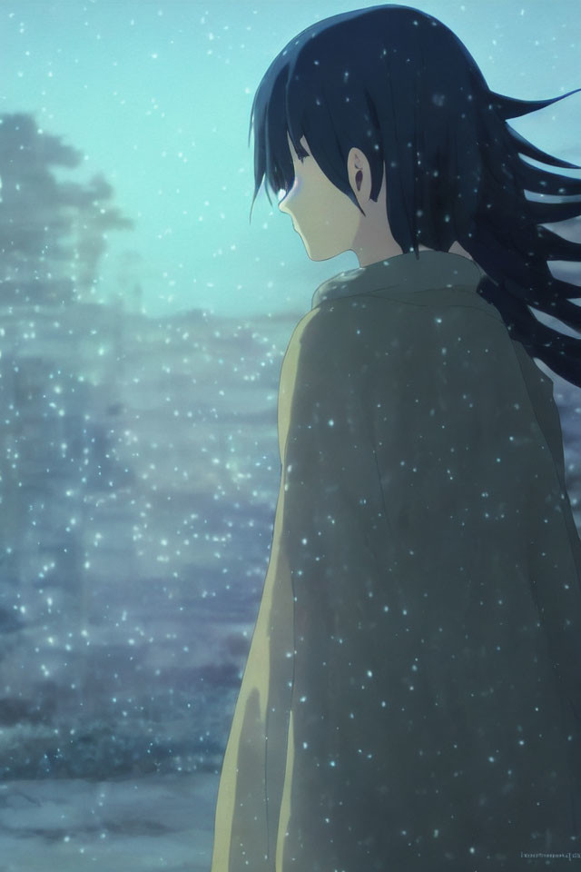 Melancholic anime girl in beige coat gazes at snowy landscape