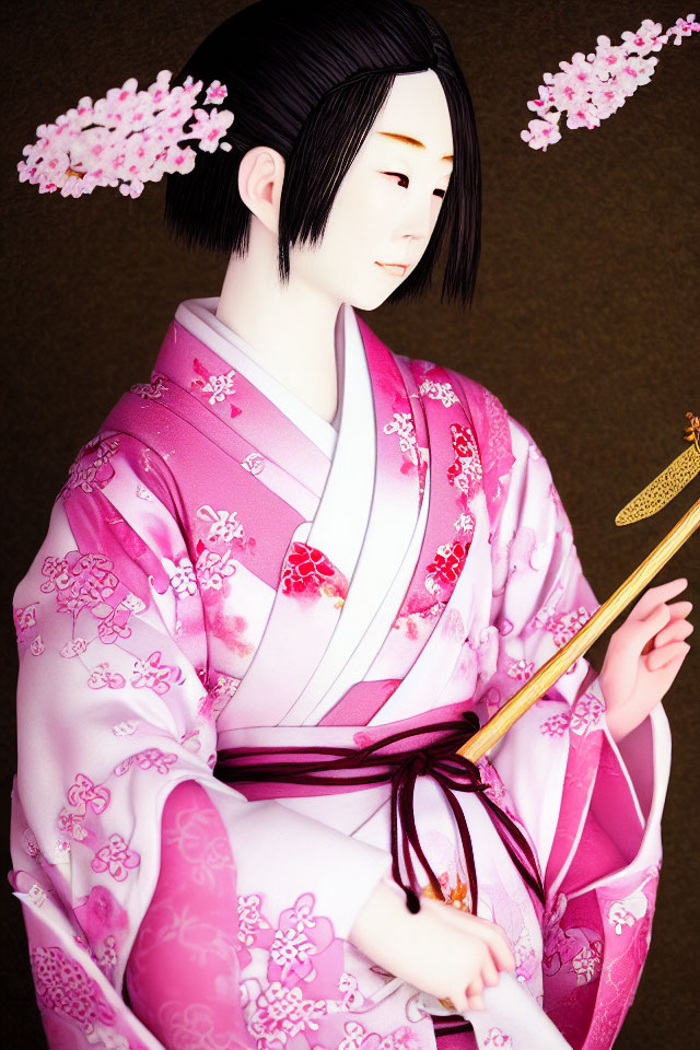 Illustration of person in pink kimono with cherry blossom motifs and traditional fan