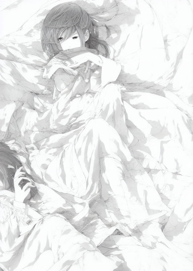 Monochrome artwork of contemplative person lying in bed with long hair.