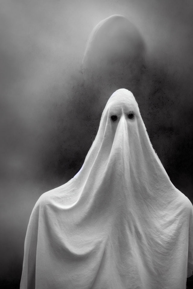 Ghostly Figure Covered in White Sheet Against Dark Background