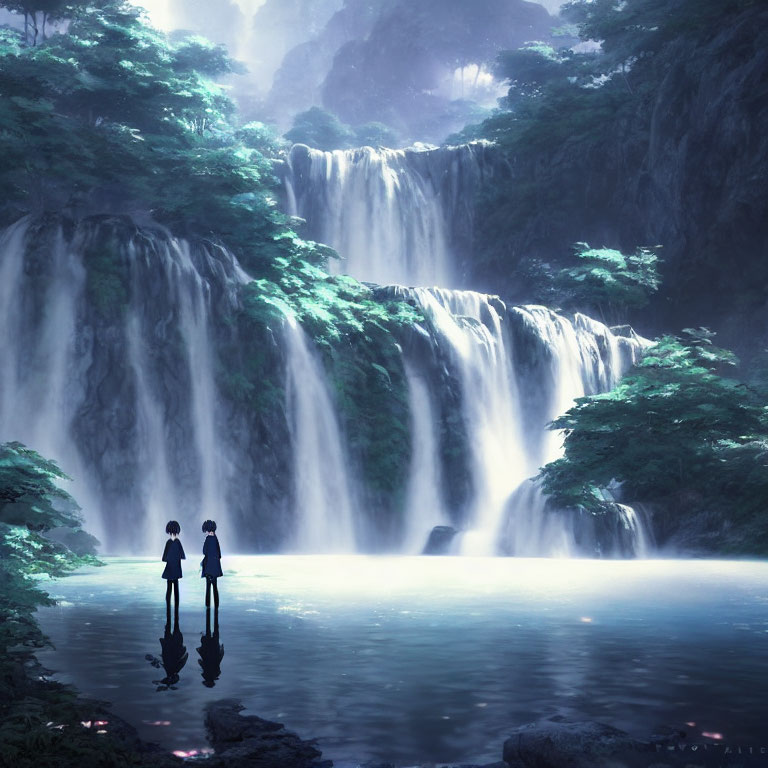 Figures standing at majestic waterfall with lush foliage