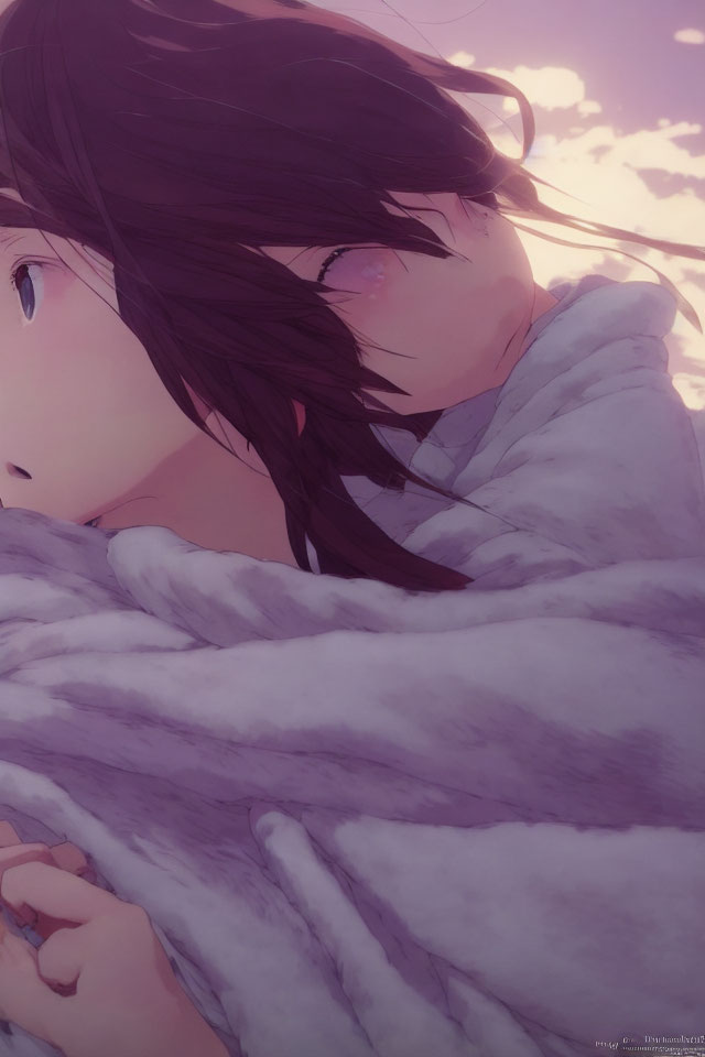 Detailed close-up illustration of girl in blanket against pinkish-purple sky