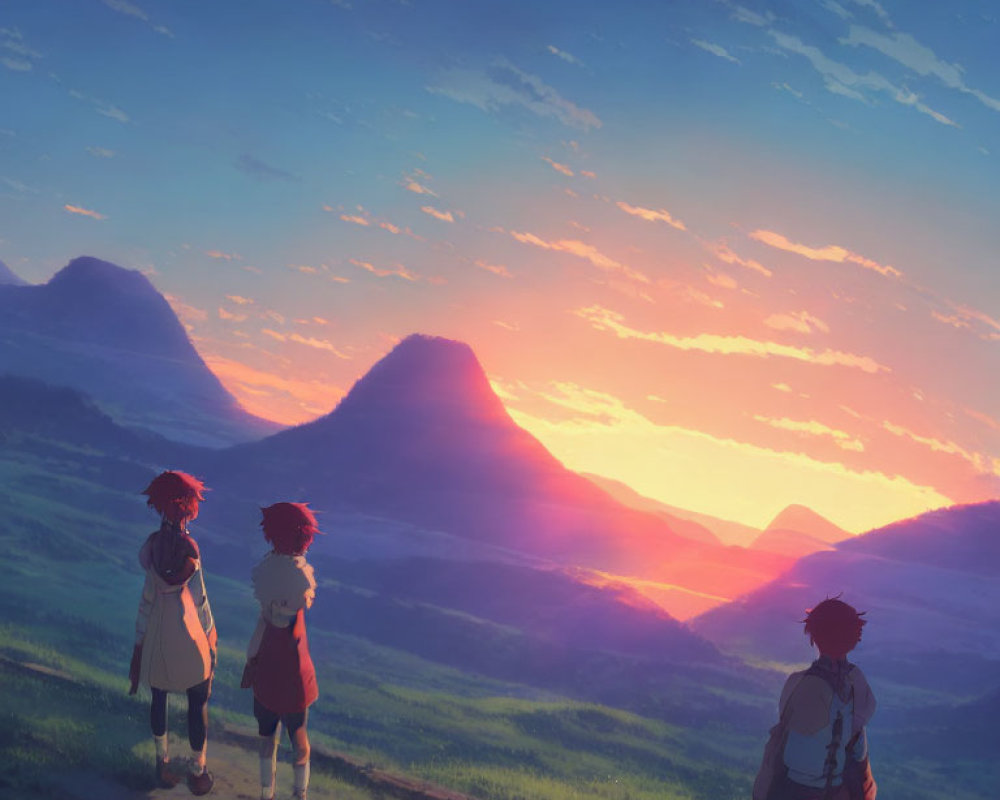 Three animated characters admire sunset over mountains on grassy hill