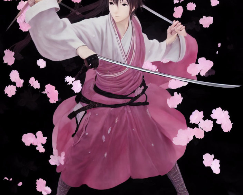 Animated character in traditional attire wields sword among falling pink petals