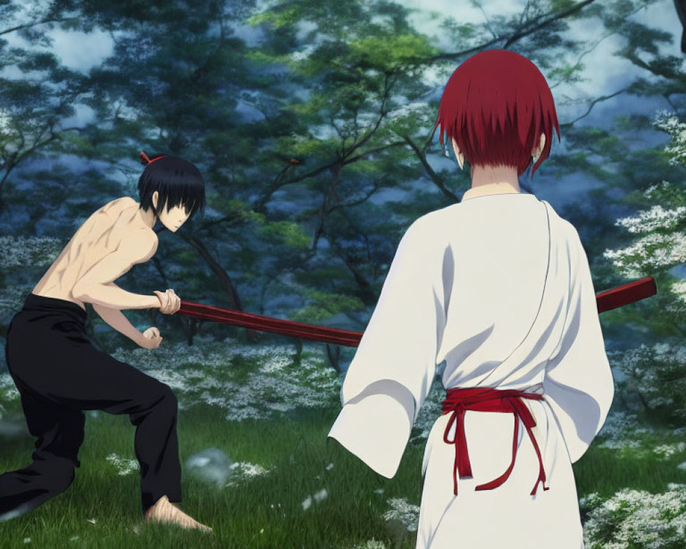 Red-haired and black-haired animated characters sword fight in flower-filled forest.