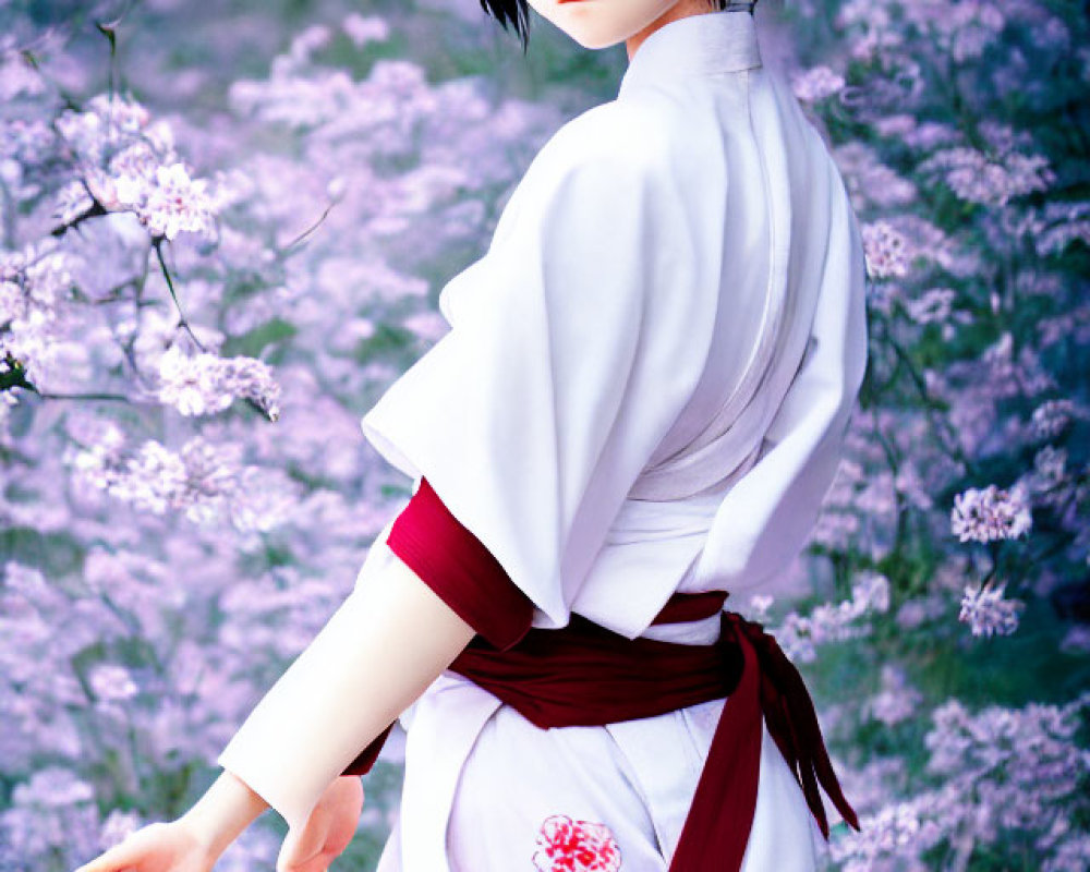 Person in Traditional Japanese Attire Amid Cherry Blossoms