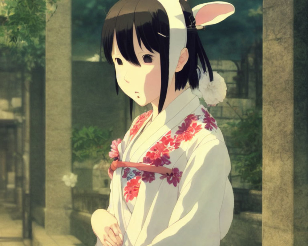 Traditional attire girl with floral pattern and rabbit ears by stone lantern in serene green setting