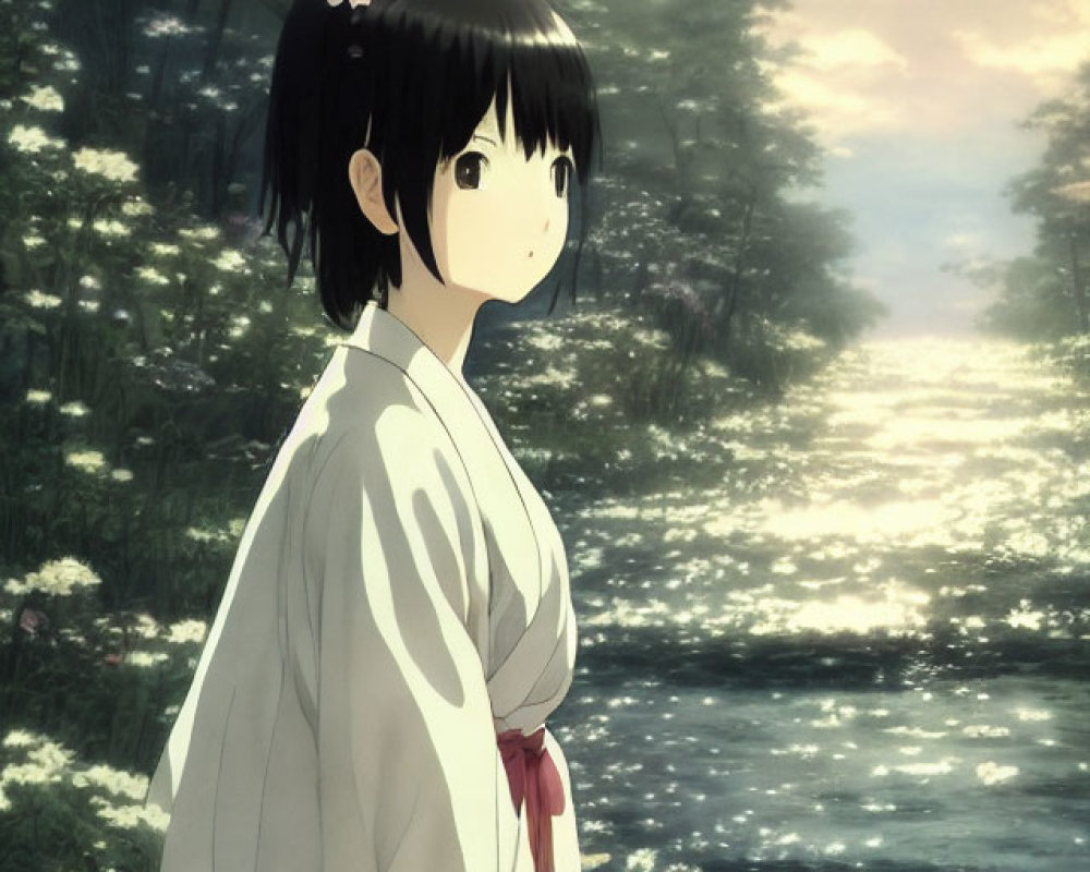 Anime girl in kimono by sparkling river in mystical forest