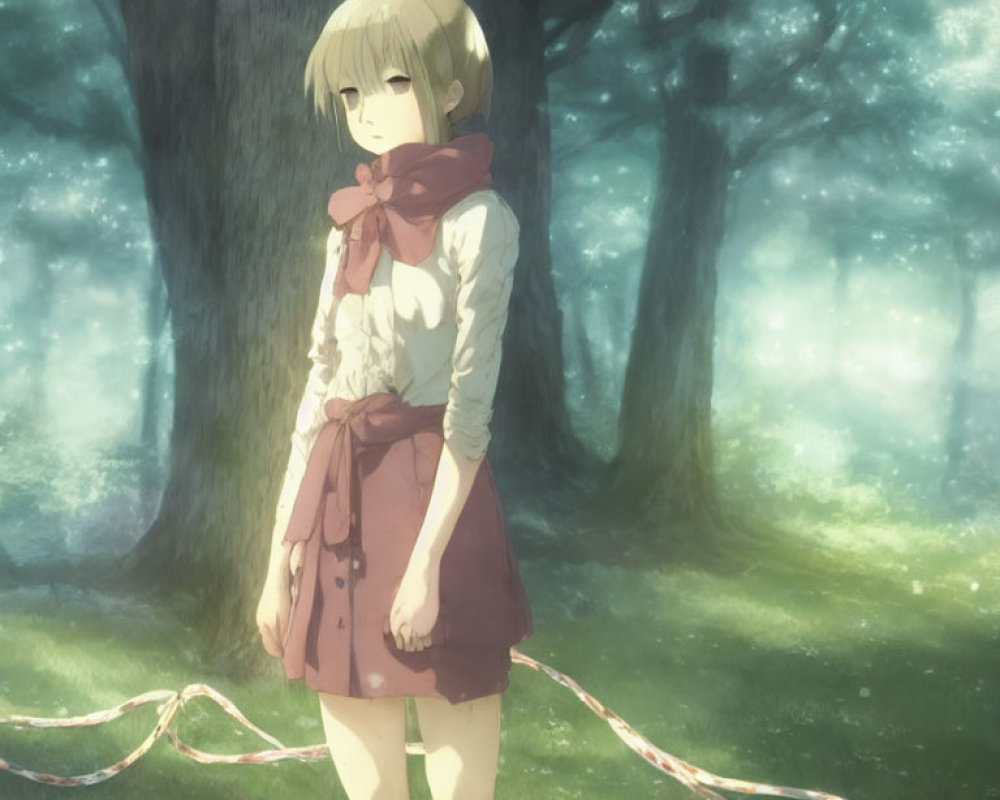 Young animated girl with short hair in sunlit forest holding red ribbon