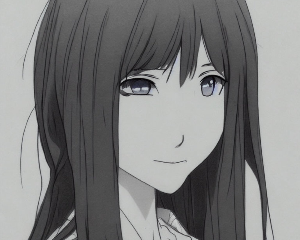 Monochrome portrait of a female anime character with long hair and gentle smile