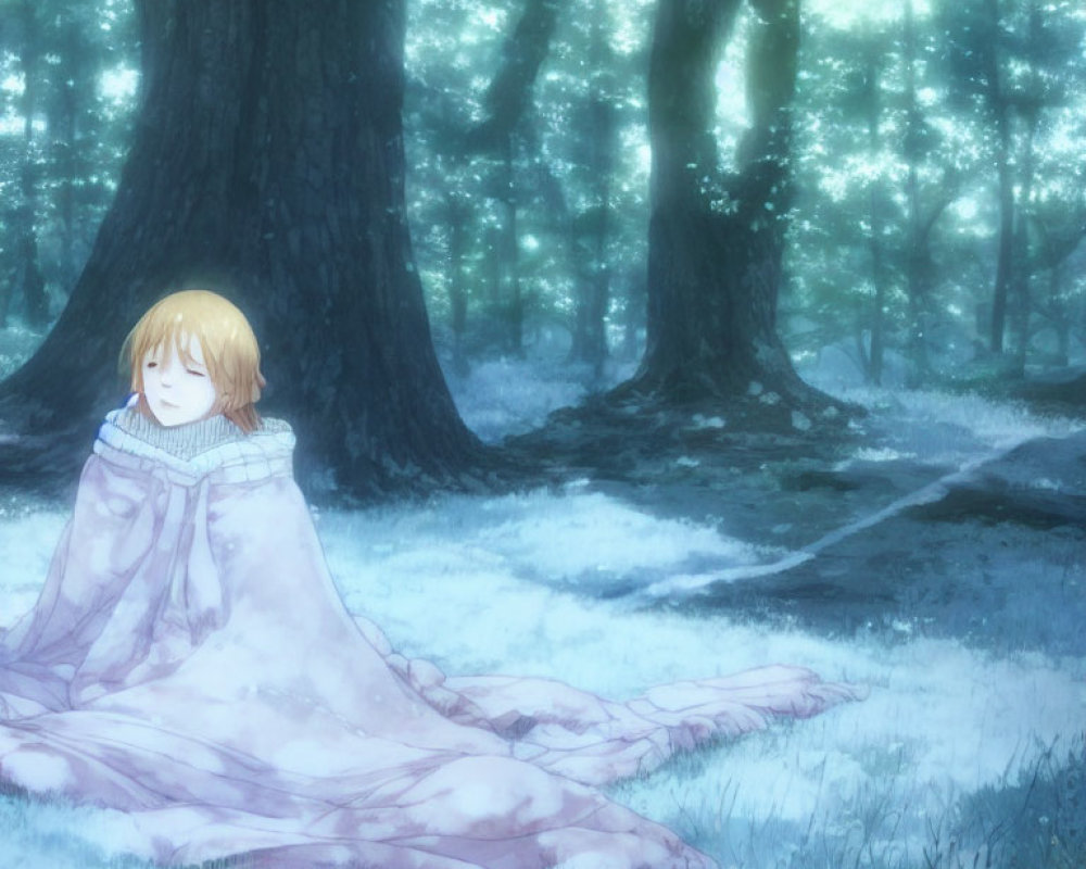 Anime character in pink blanket in mystical forest with sunlight.