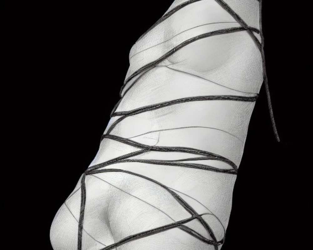 Ballet dancer's foot en pointe with black ribbons on black background