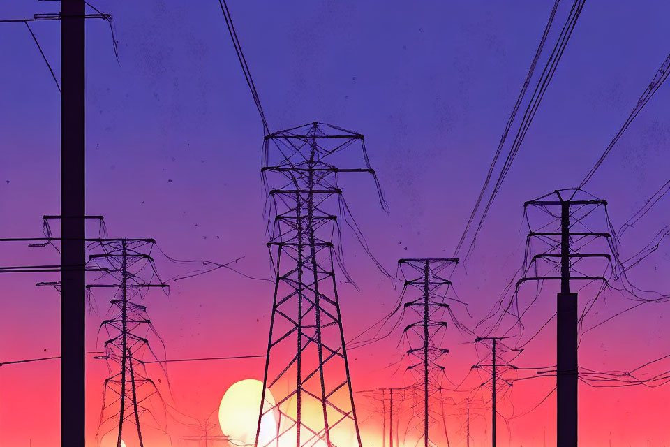 Vivid sunset or sunrise sky with power lines and pylons.